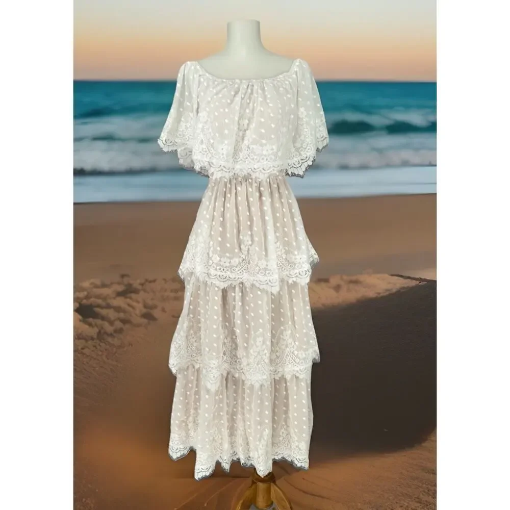 Show Me Your MuMu Dress Large White Lana Midi Lace Tiered Romantic Elegant Boho - Picture 2 of 14